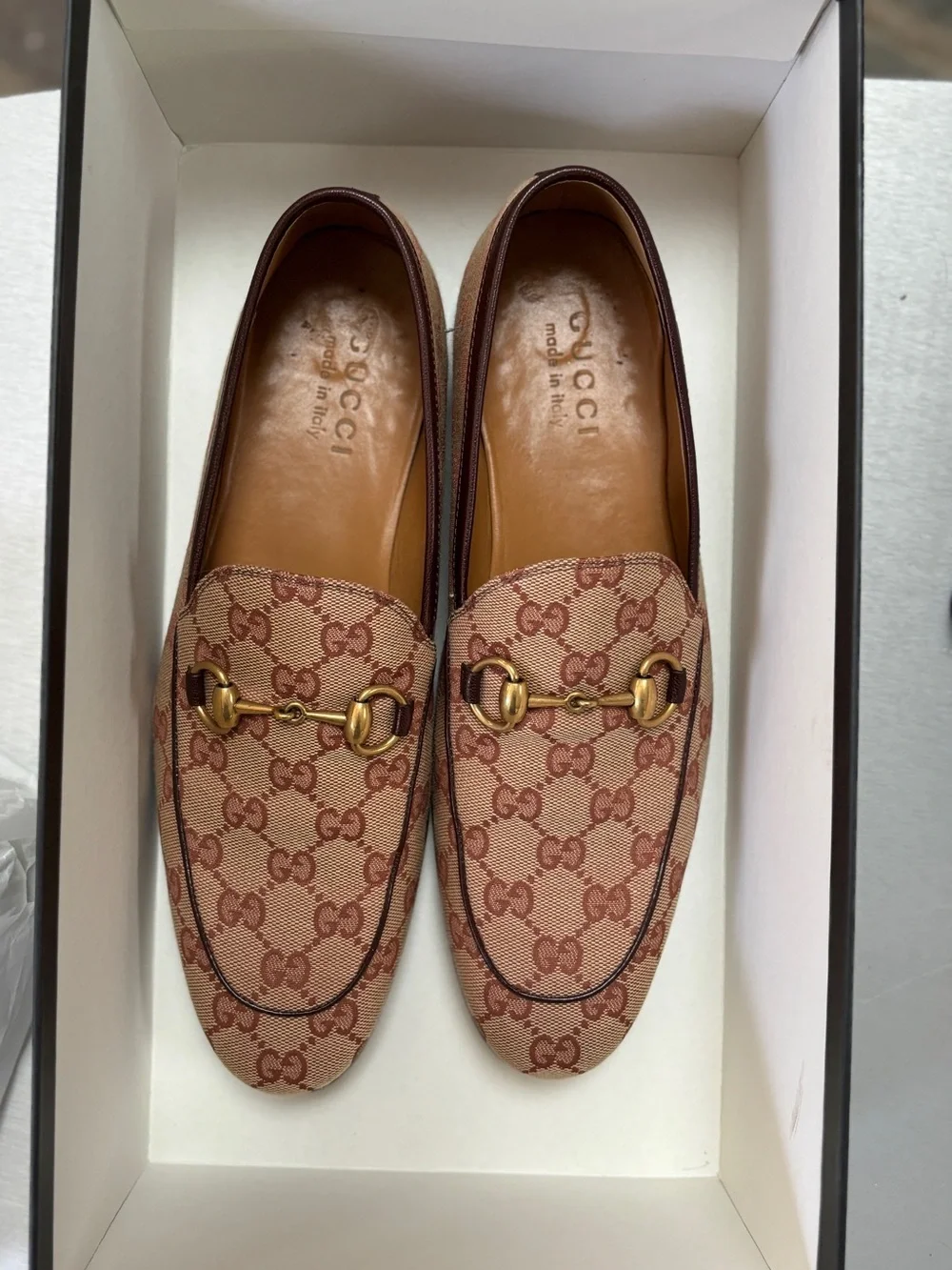 Gucci Men’s Beige/Brown GG Canvas Horsebit Loafers US 8 Authentic